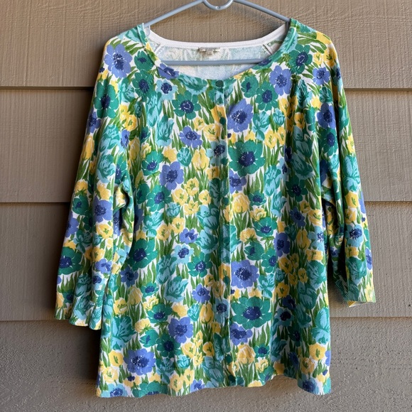 Talbots Size XL Floral Yellow Green 100% Cotton Cardigan Sweater Top Women - Picture 8 of 10